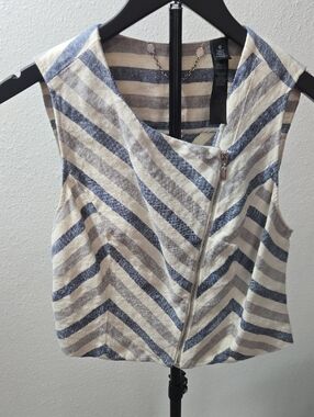 Chico's Striped Sleeveless Zip-Front Crop Top in Blue and Cream